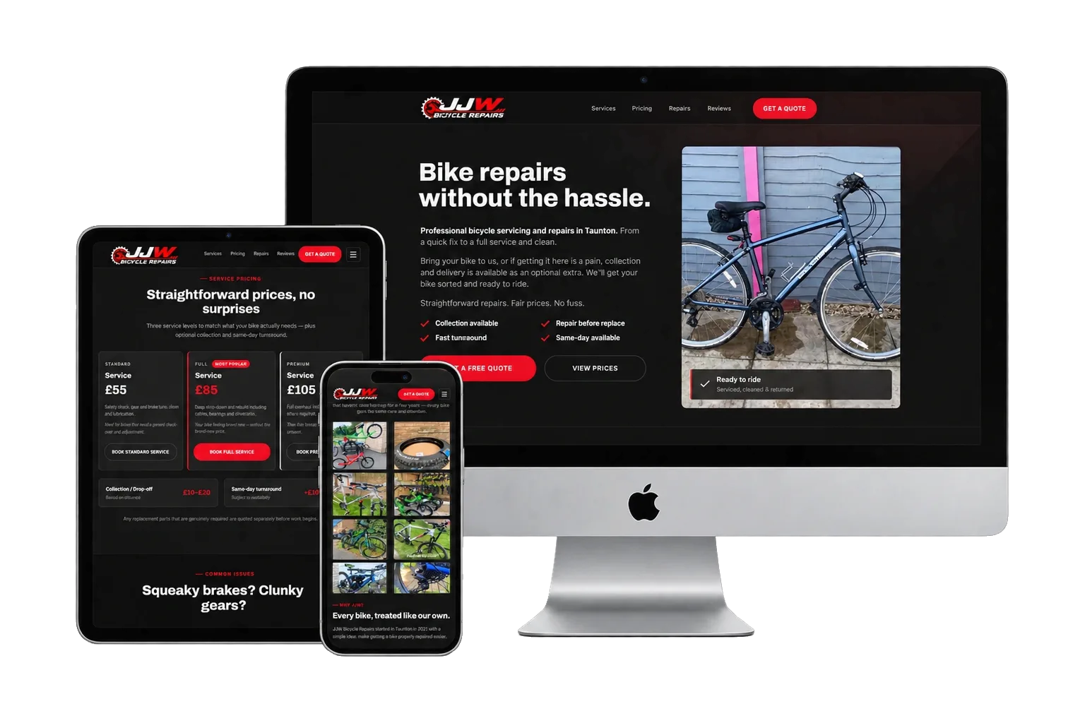 The new JJW Bicycle Repairs website shown on desktop, tablet and mobile
