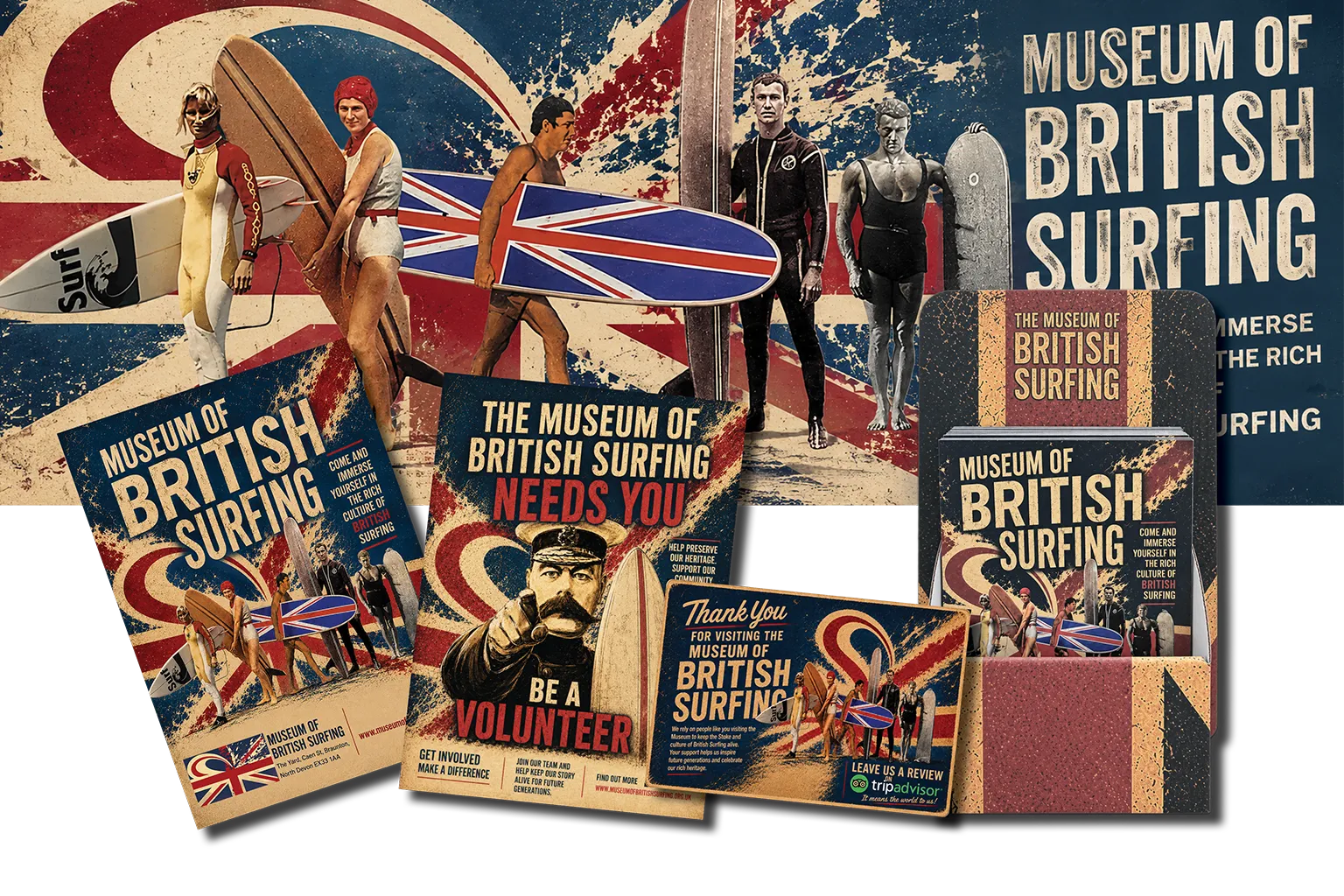 Postcards and leaflets designed for the Museum of British Surfing