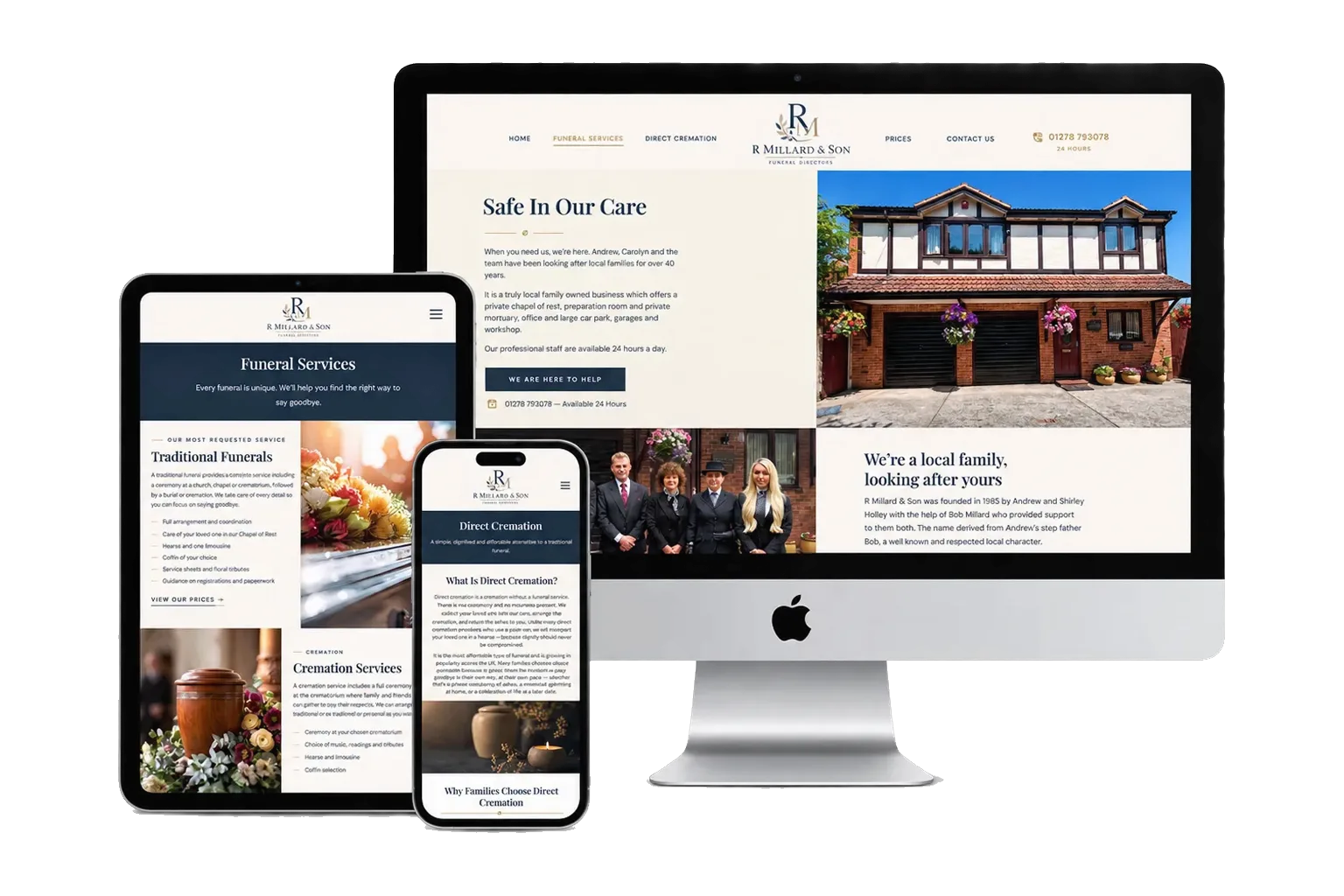 The new R Millard & Son Funeral Directors website shown on desktop, tablet and mobile