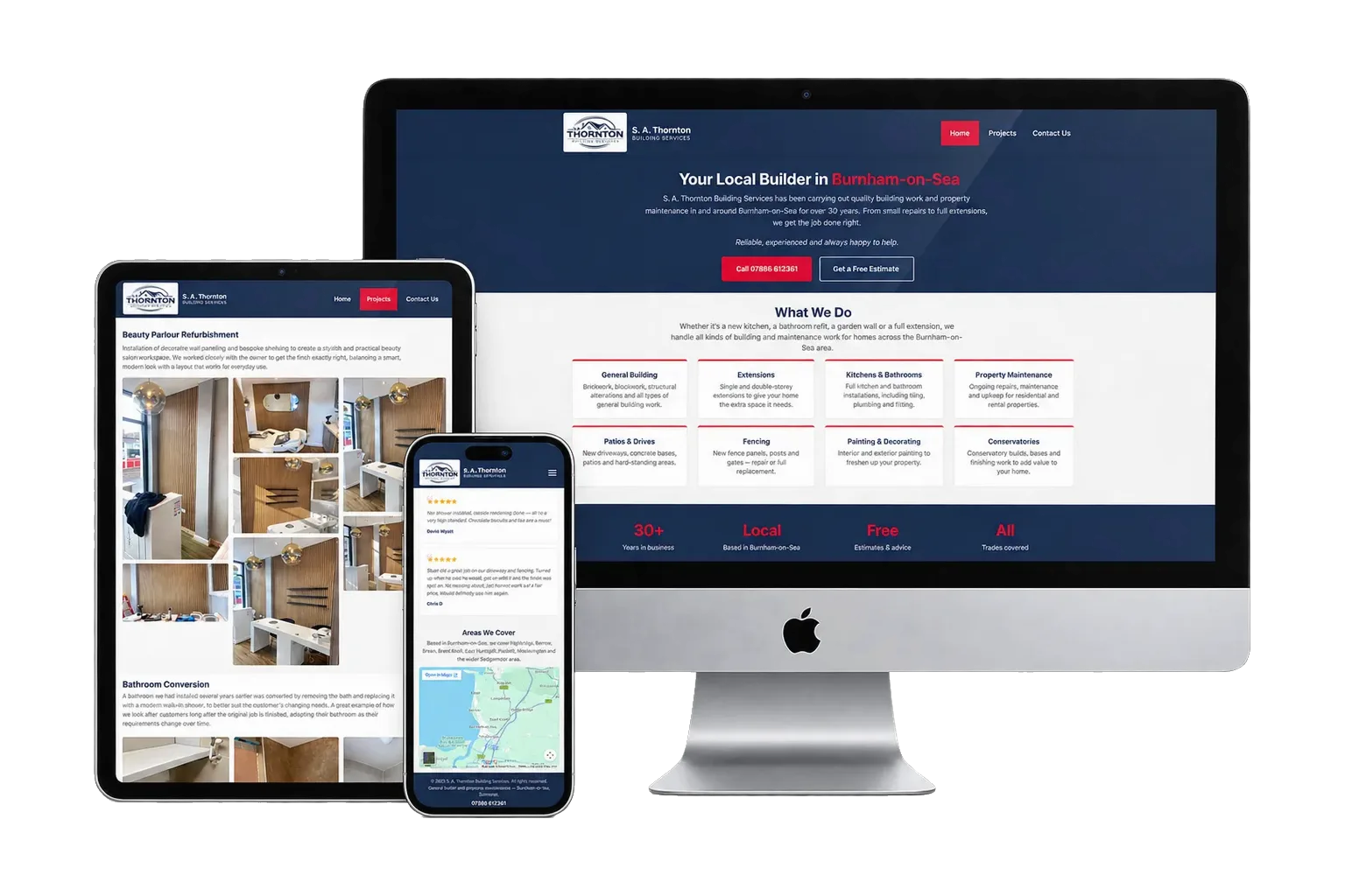 The new S. A. Thornton Building Services website shown on desktop, tablet and mobile