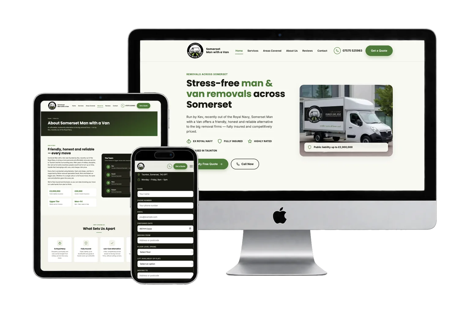 The new Somerset Man with a Van website shown on desktop, tablet and mobile